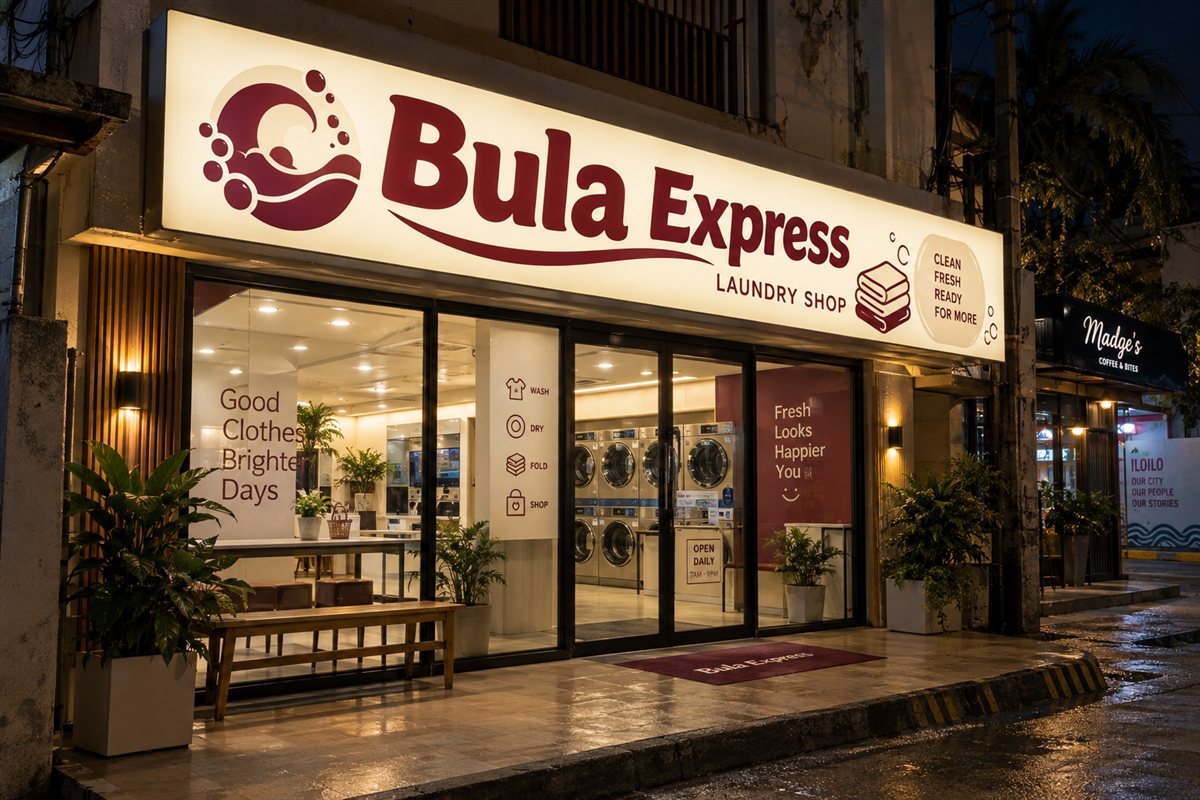 Illuminated panaflex laundry shop signage at night